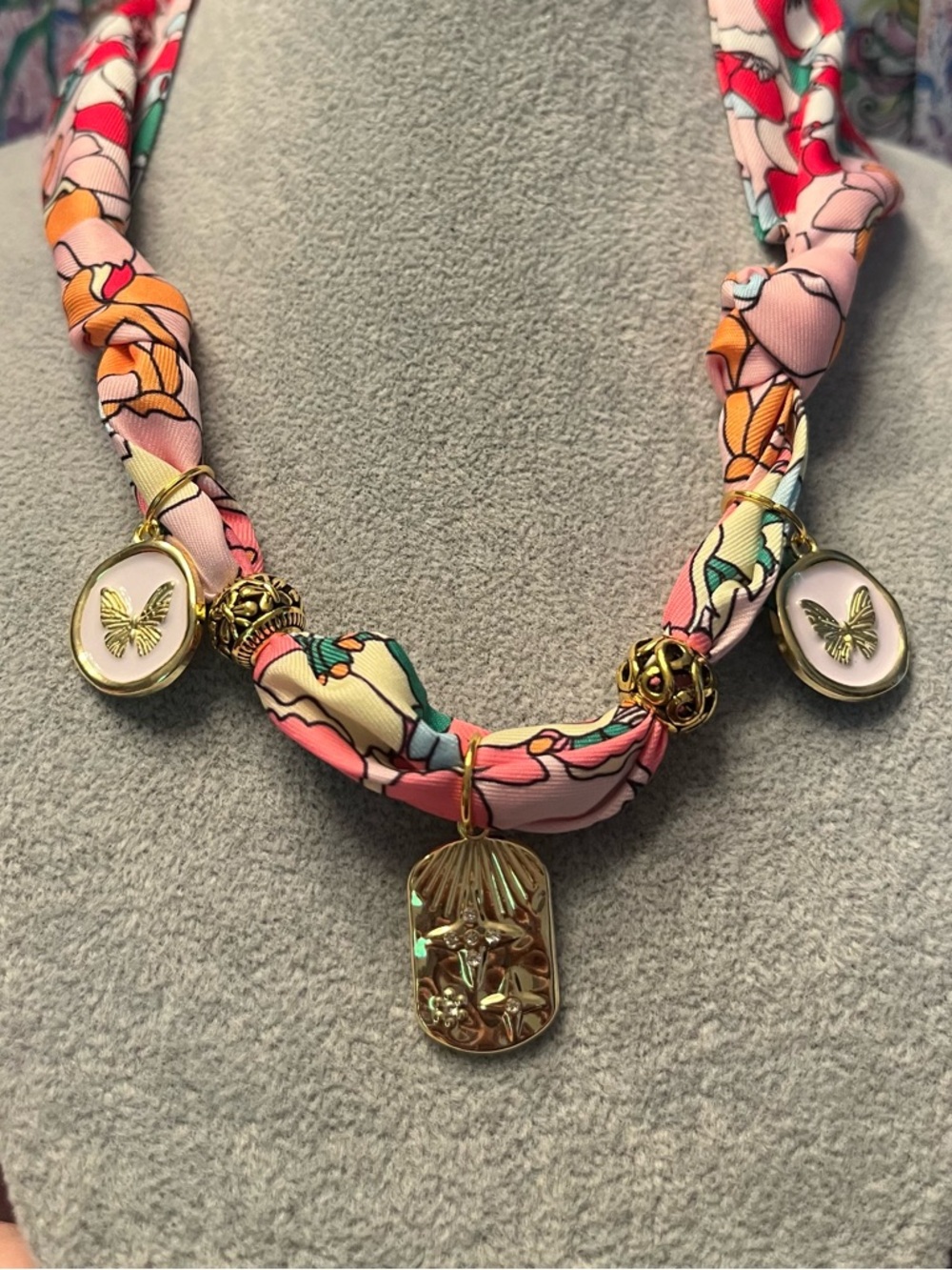 Gold Butterfly & Floral Pendant Scarf Necklace in Pink